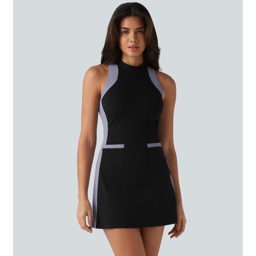 Halara Mock Neck Sleeveless Color Block Mini Golf Dress Pockets Black Purple NEW